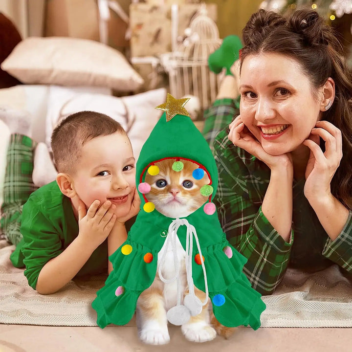 Cat Christmas Outfit Green Pet Cloak with Hat Star Pompoms Puppy Cape Clothes Tree Elf Costumes Party Pet Supplies Accessories