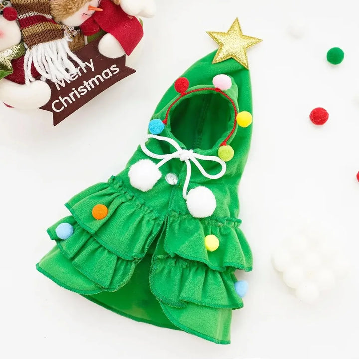 Cat Christmas Outfit Green Pet Cloak with Hat Star Pompoms Puppy Cape Clothes Tree Elf Costumes Party Pet Supplies Accessories