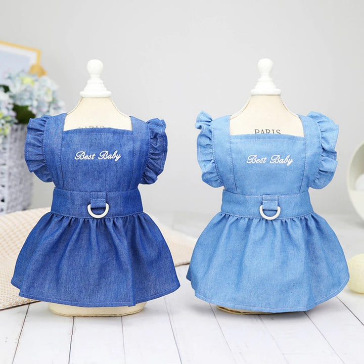 Small Dog Dress With D-Ring Denim Skirt Soft Tractable Jean - JoySkyProducts