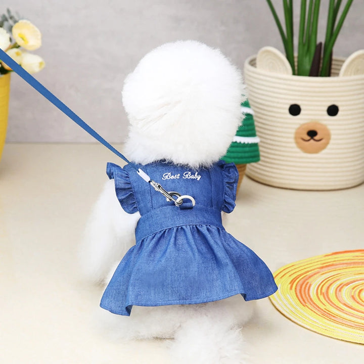 Small Dog Dress With D-Ring Denim Skirt Soft Tractable Jean - JoySkyProducts