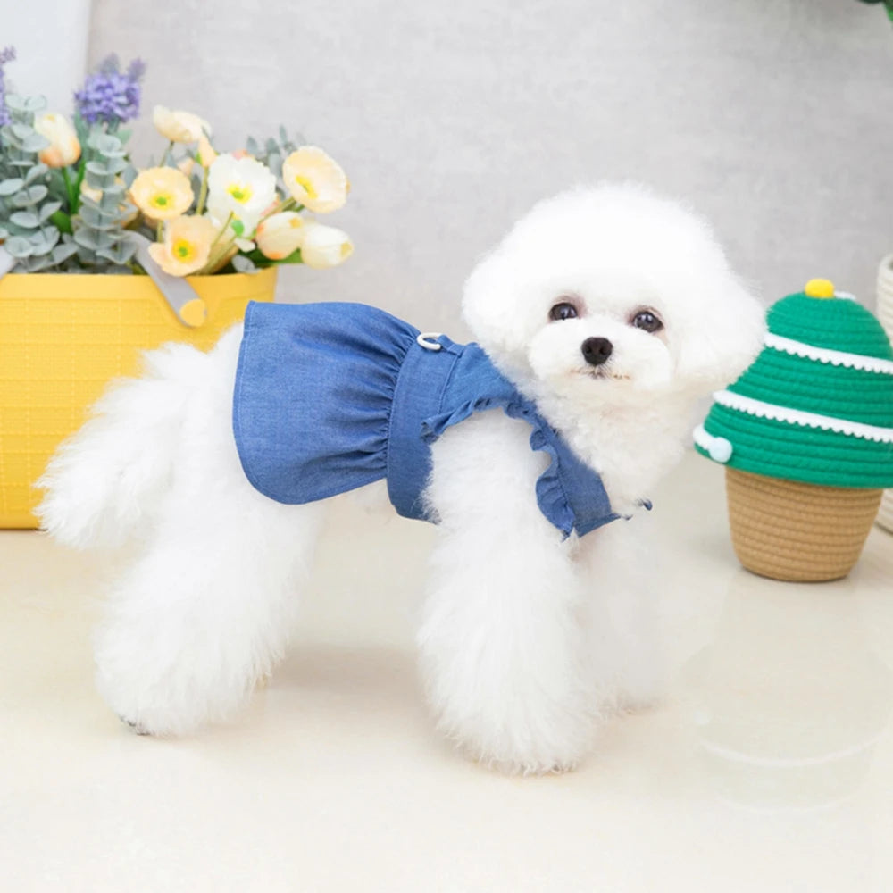 Small Dog Dress With D-Ring Denim Skirt Soft Tractable Jean - JoySkyProducts