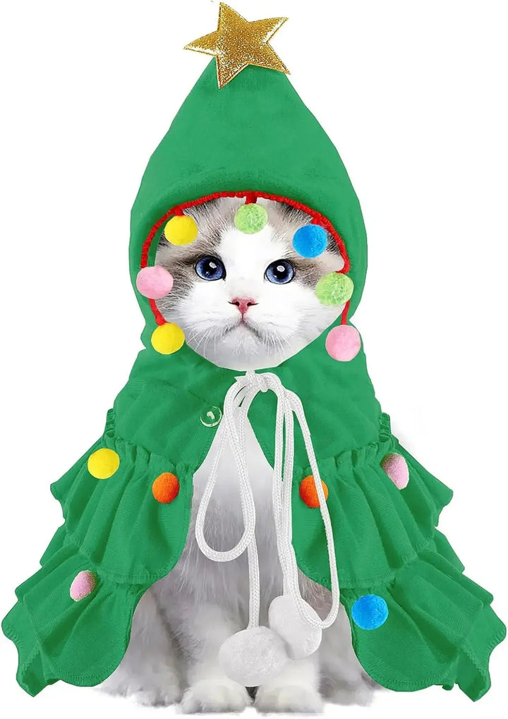 Cat Christmas Outfit Green Pet Cloak with Hat Star Pompoms Puppy Cape Clothes Tree Elf Costumes Party Pet Supplies Accessories