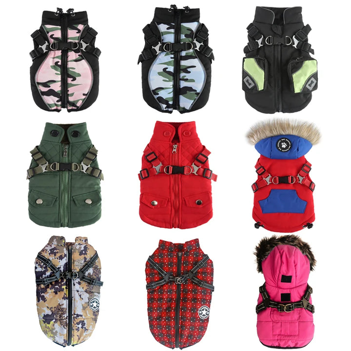 Winter Pet Dog Jacket With Harness Warm Dog Clothes For Small Medium Dogs Coats Waterproof Pet Coat Puppy French Bulldog Outfits