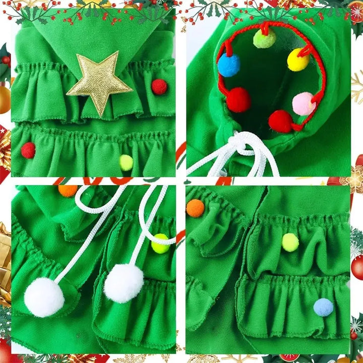 Cat Christmas Outfit Green Pet Cloak with Hat Star Pompoms Puppy Cape Clothes Tree Elf Costumes Party Pet Supplies Accessories