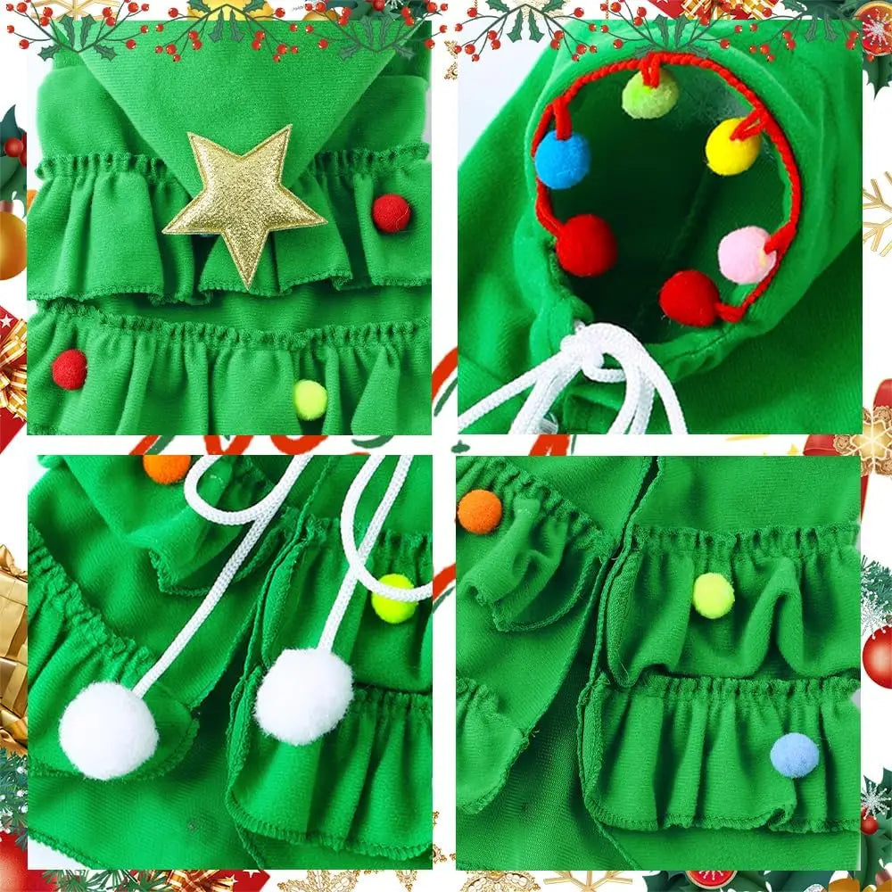 Cat Christmas Outfit Green Pet Cloak with Hat Star Pompoms Puppy Cape Clothes Tree Elf Costumes Party Pet Supplies Accessories