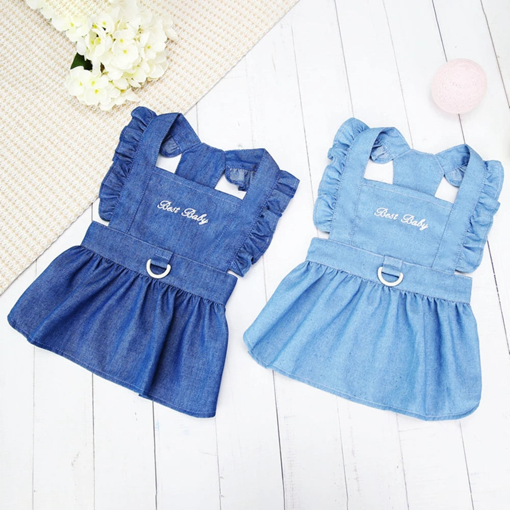 Small Dog Dress With D-Ring Denim Skirt Soft Tractable Jean - JoySkyProducts